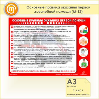 Плакат «Основные правила оказания первой доврачебной помощи» (М-12, самоклеящаяся пленка, А3, 1 лист)